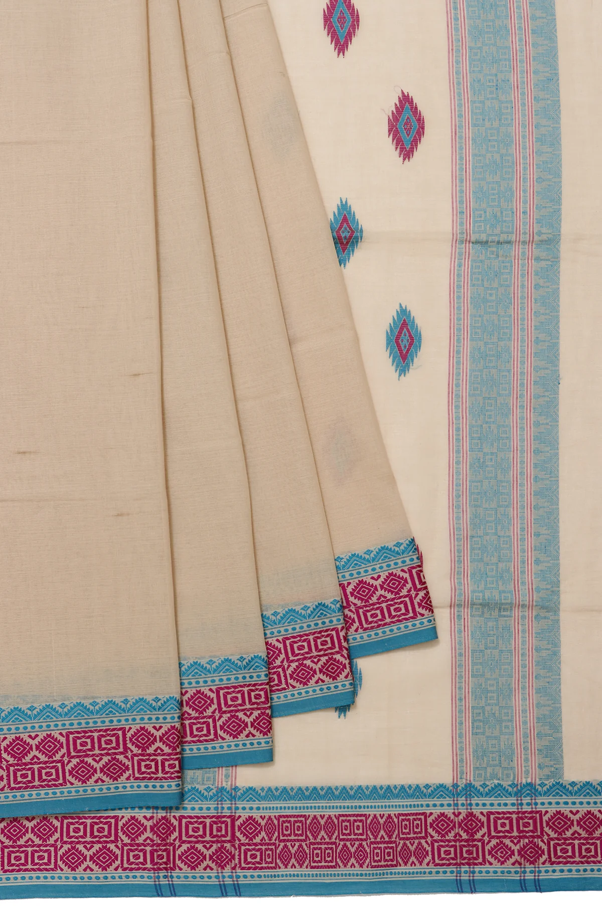 Plain Beige Bengal Cotton Saree with Sea Blue Border
