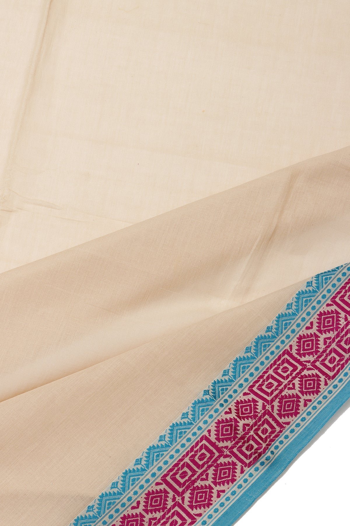 Plain Beige Bengal Cotton Saree with Sea Blue Border - Image 3
