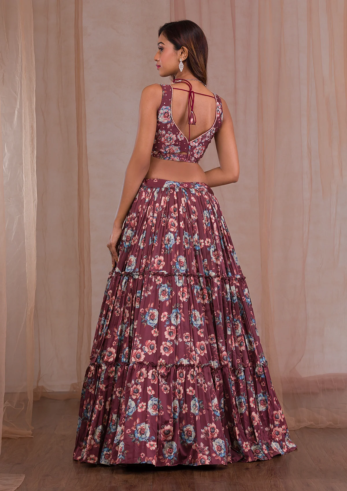 Brown Cutdana Satin Readymade Lehenga - Image 7