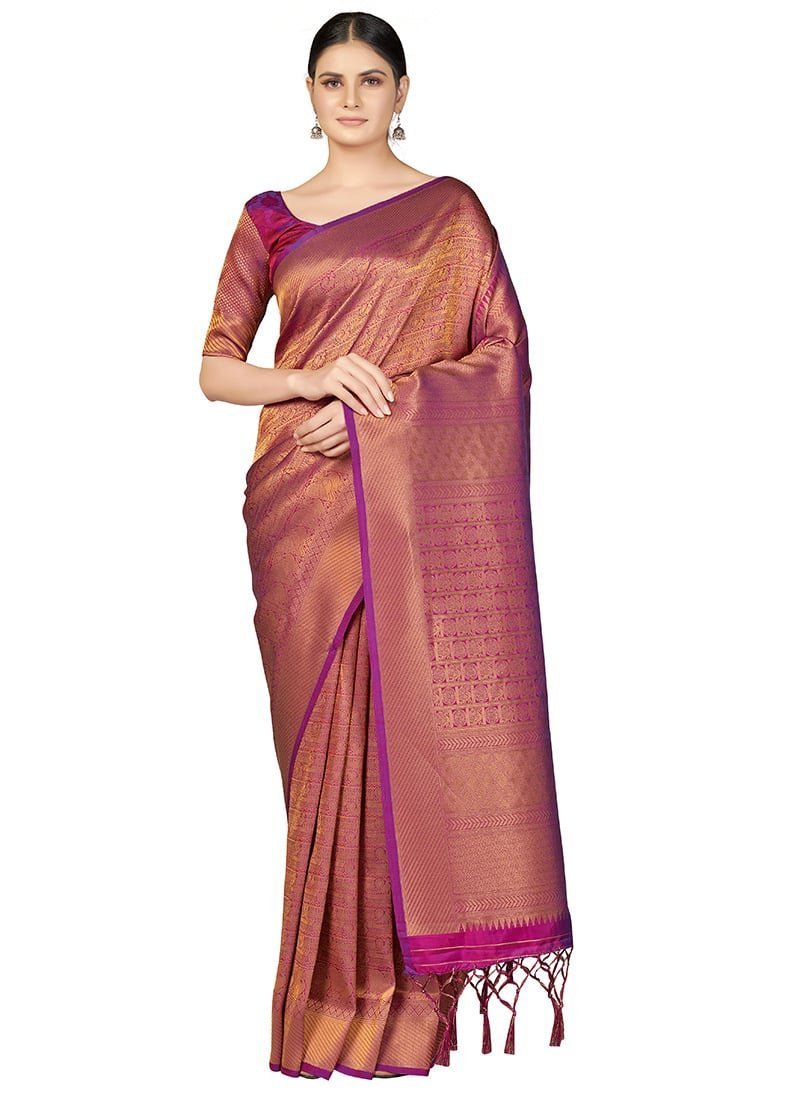 Magenta Kanchipuram Silk Zari Woven Saree Festive Wear