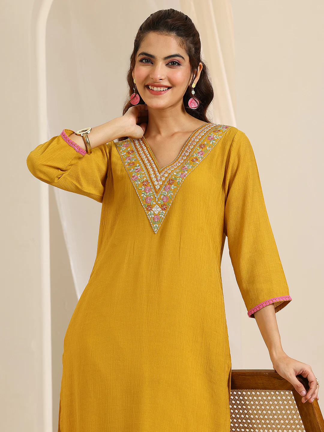 Mustard Yoke Design Silk Blend Straight Kurta - Image 4