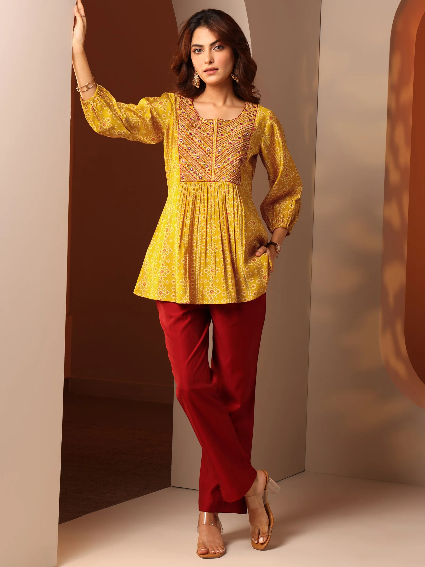 Mustard Printed Silk Blend Anarkali Short Kurti - Image 6