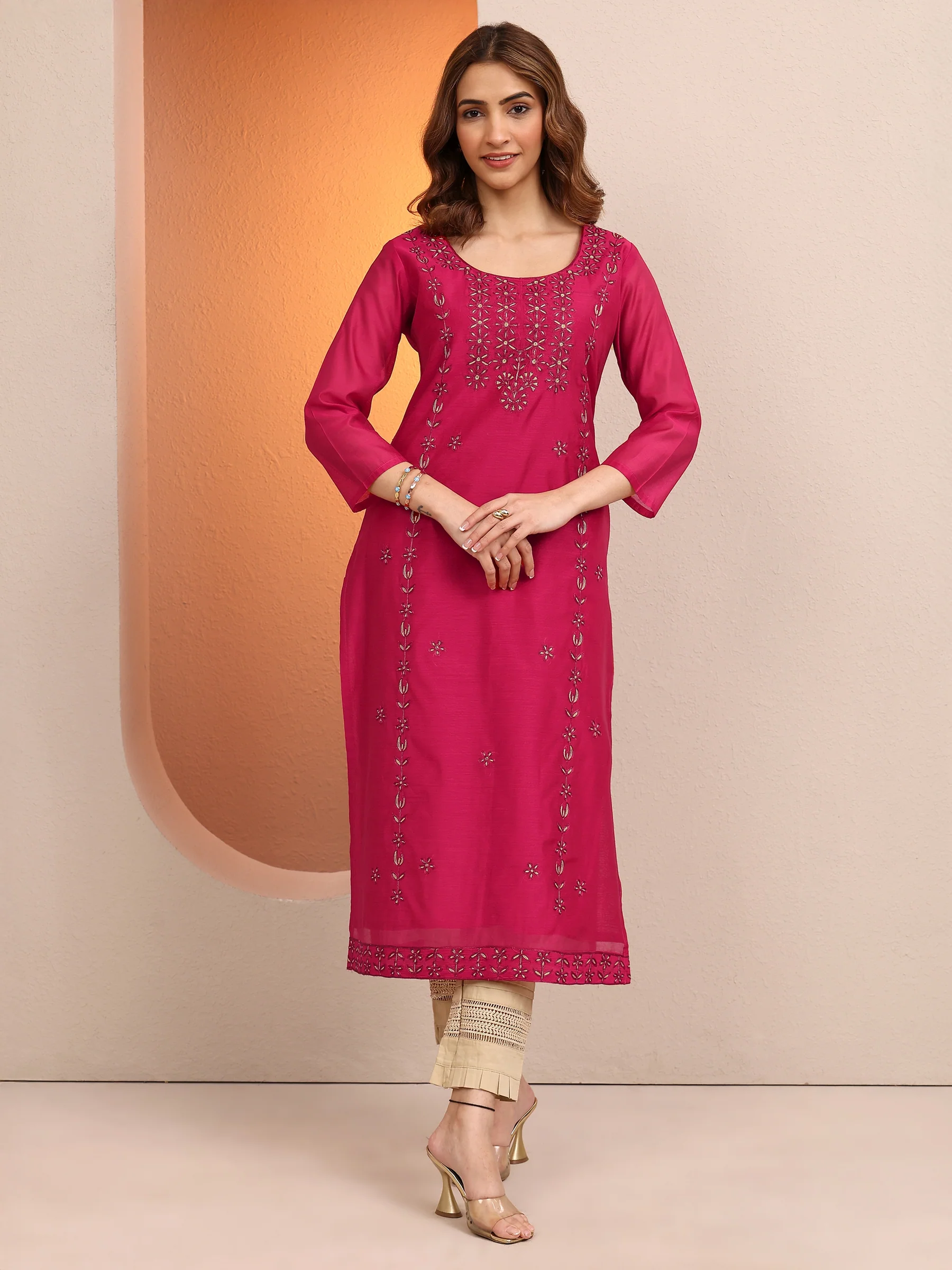 Pink Embroidered Chanderi Silk Straight Kurta - Image 2