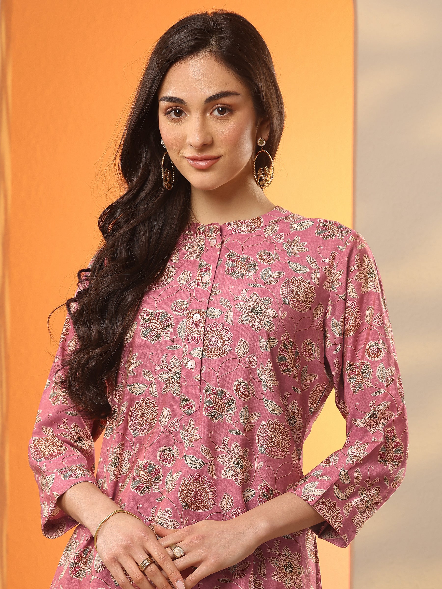 Pink Printed Silk Blend Straight Short Kurti - Image 4