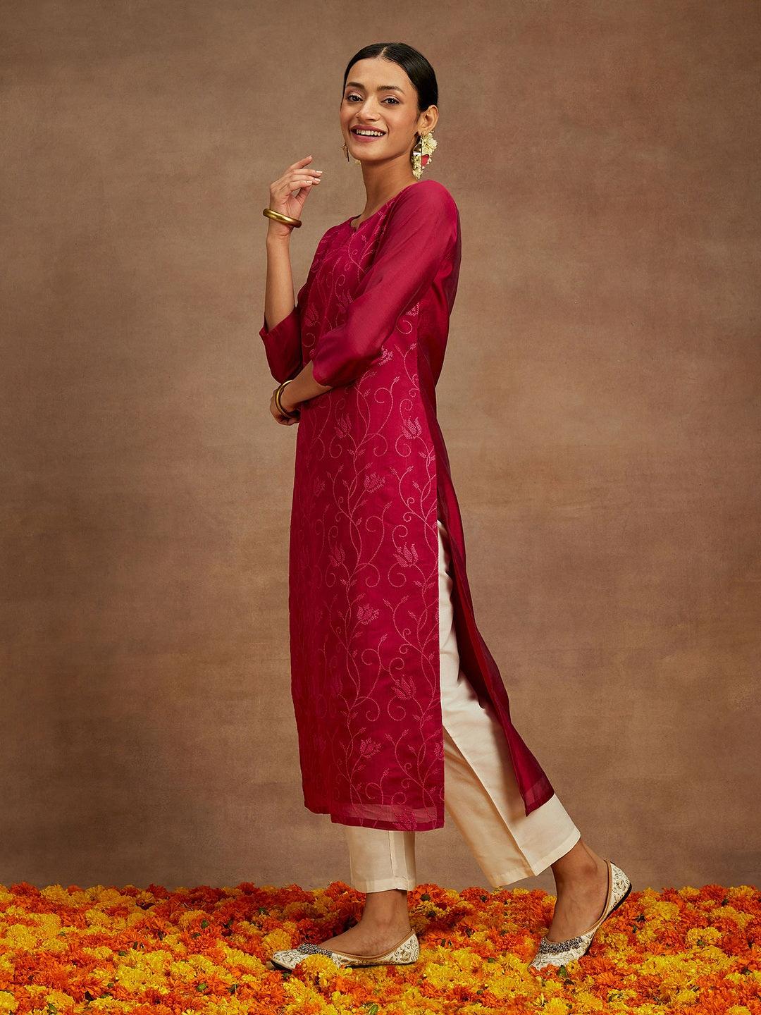 Hot Pink Embroidered Chanderi Silk Straight Kurta - Image 3