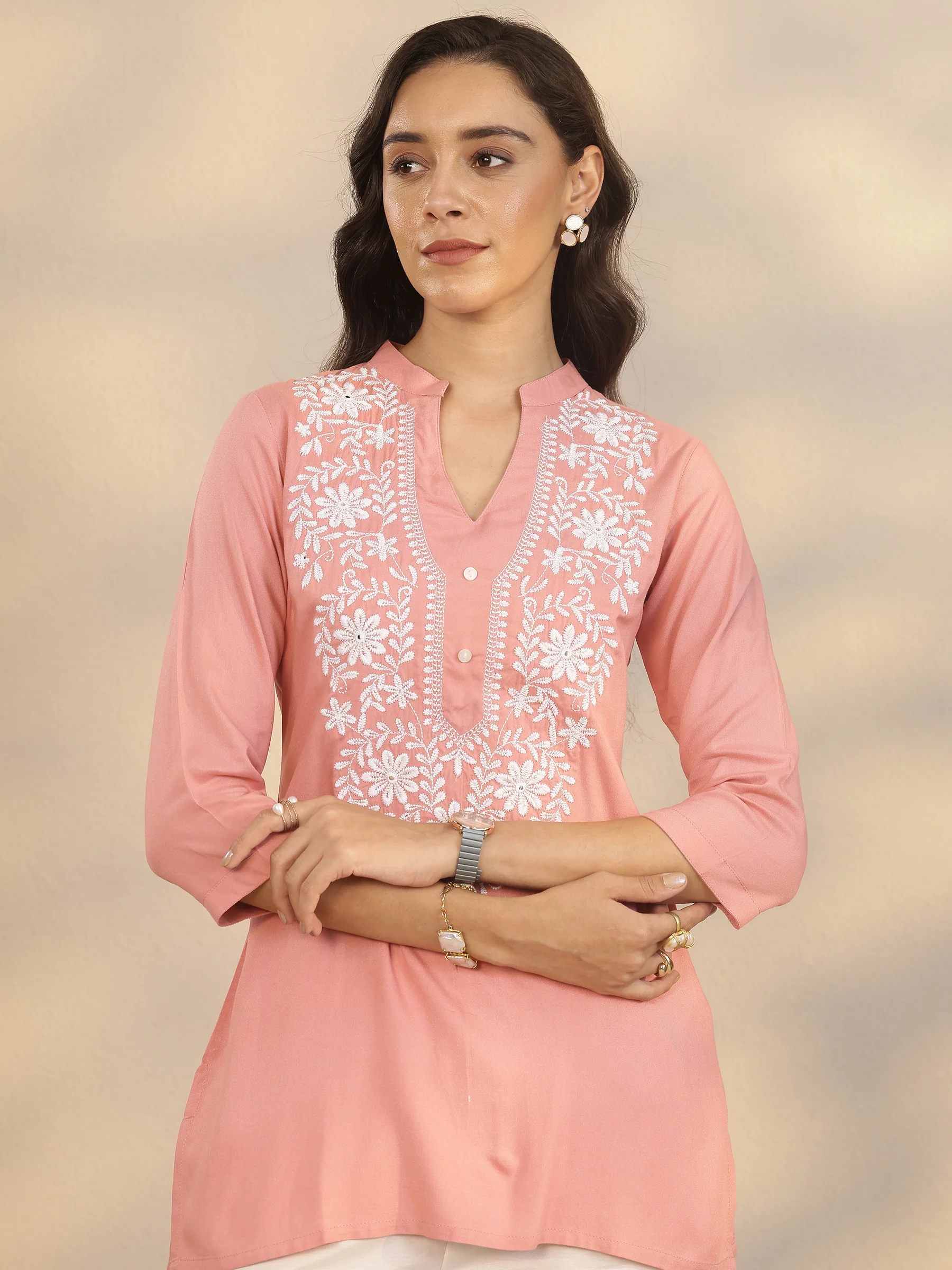 Mandarin Collar Yoke Design Rayon Straight Short Kurti - Image 4