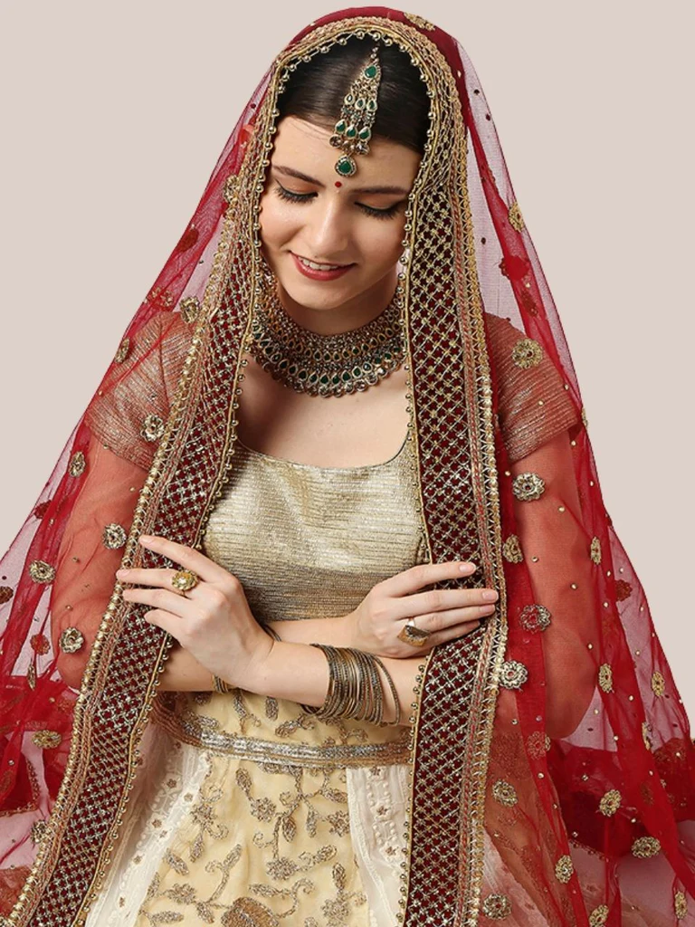 Embroidered Maroon Bridal & Wedding Wear Net Dupatta
