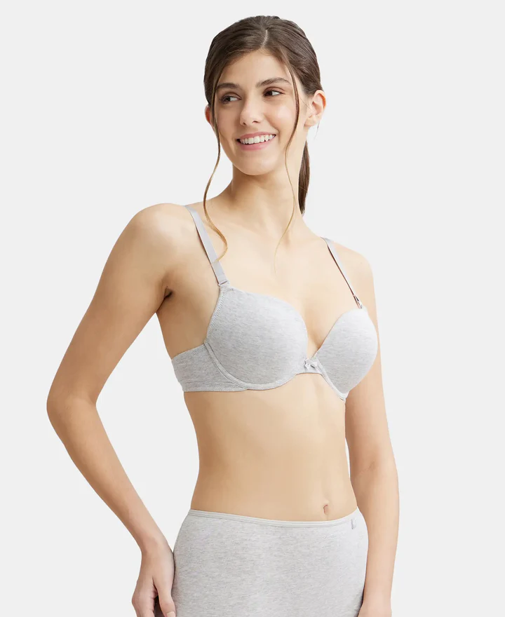 Padded Wired Super Combed Cotton Elastane Stretch Medium Coverage Pushup Bra with Plunge Neck - Image 15