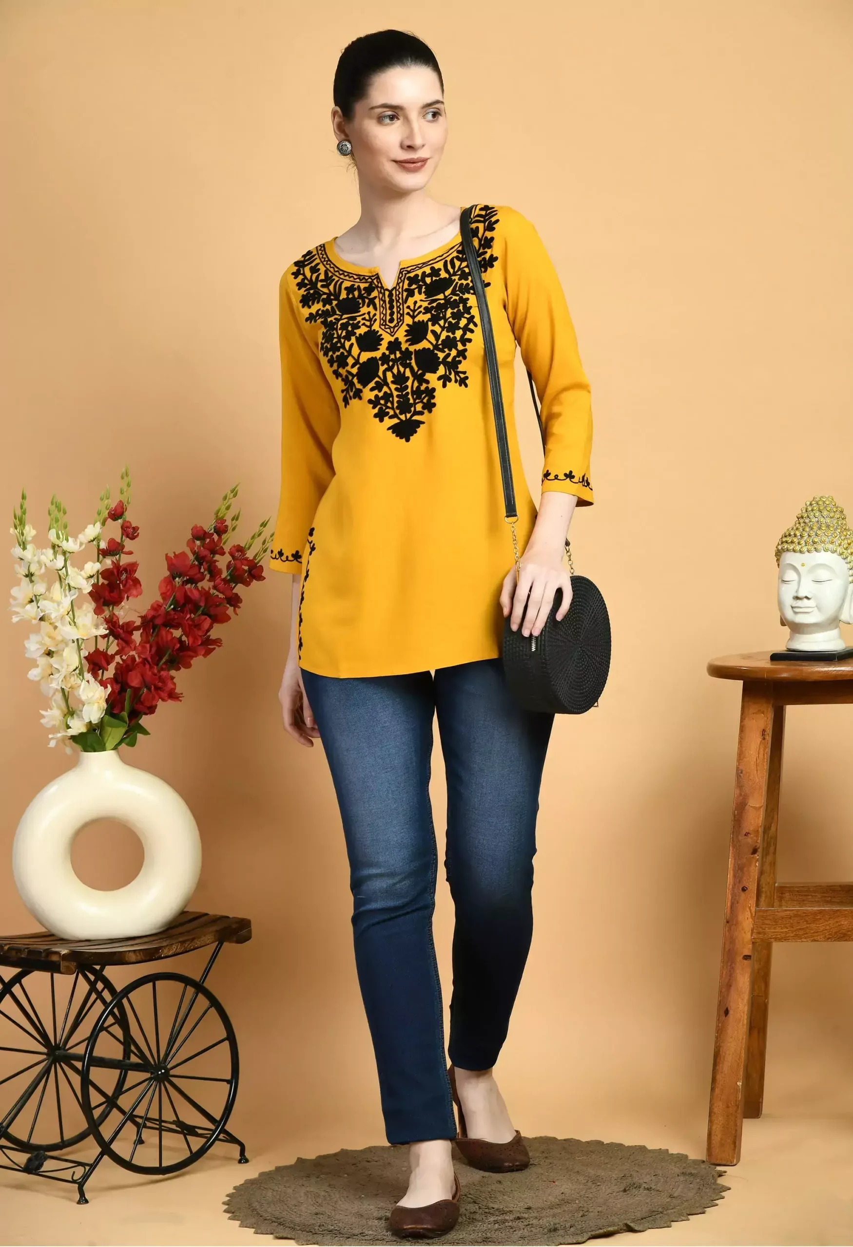 Mustard Colored Kashmiri Short Kurti - Image 3