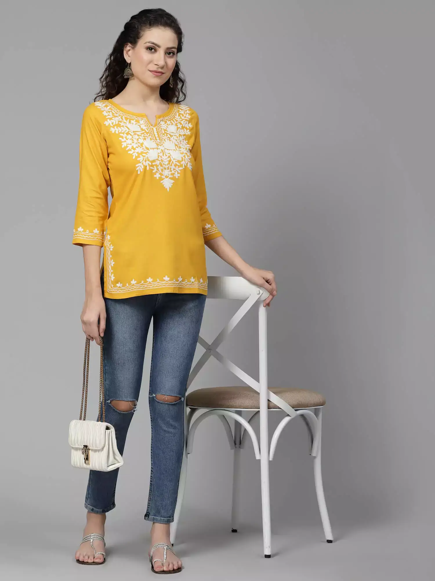 Mustard Kashmiri Short Kurti - Image 3
