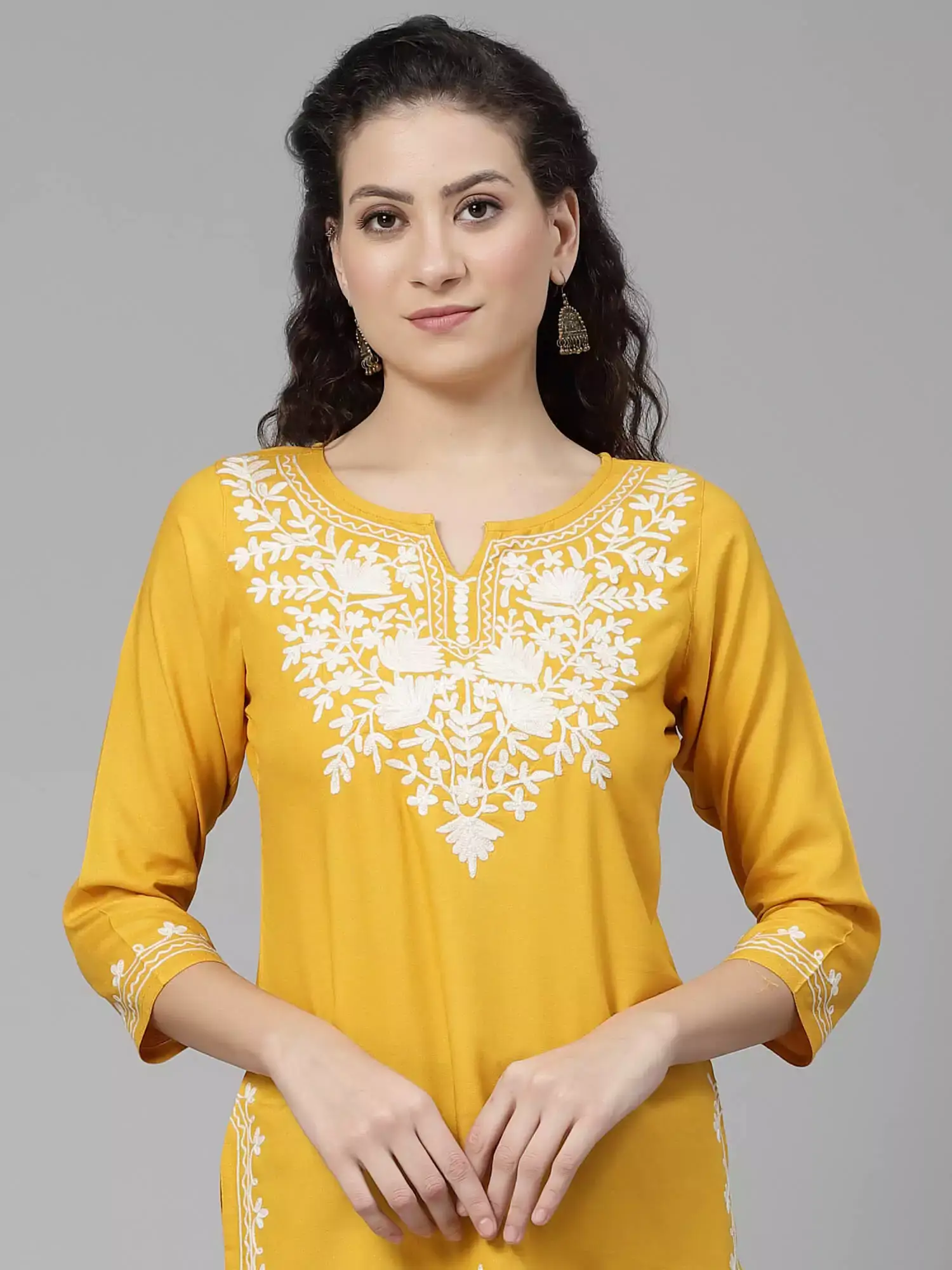 Mustard Kashmiri Short Kurti - Image 4