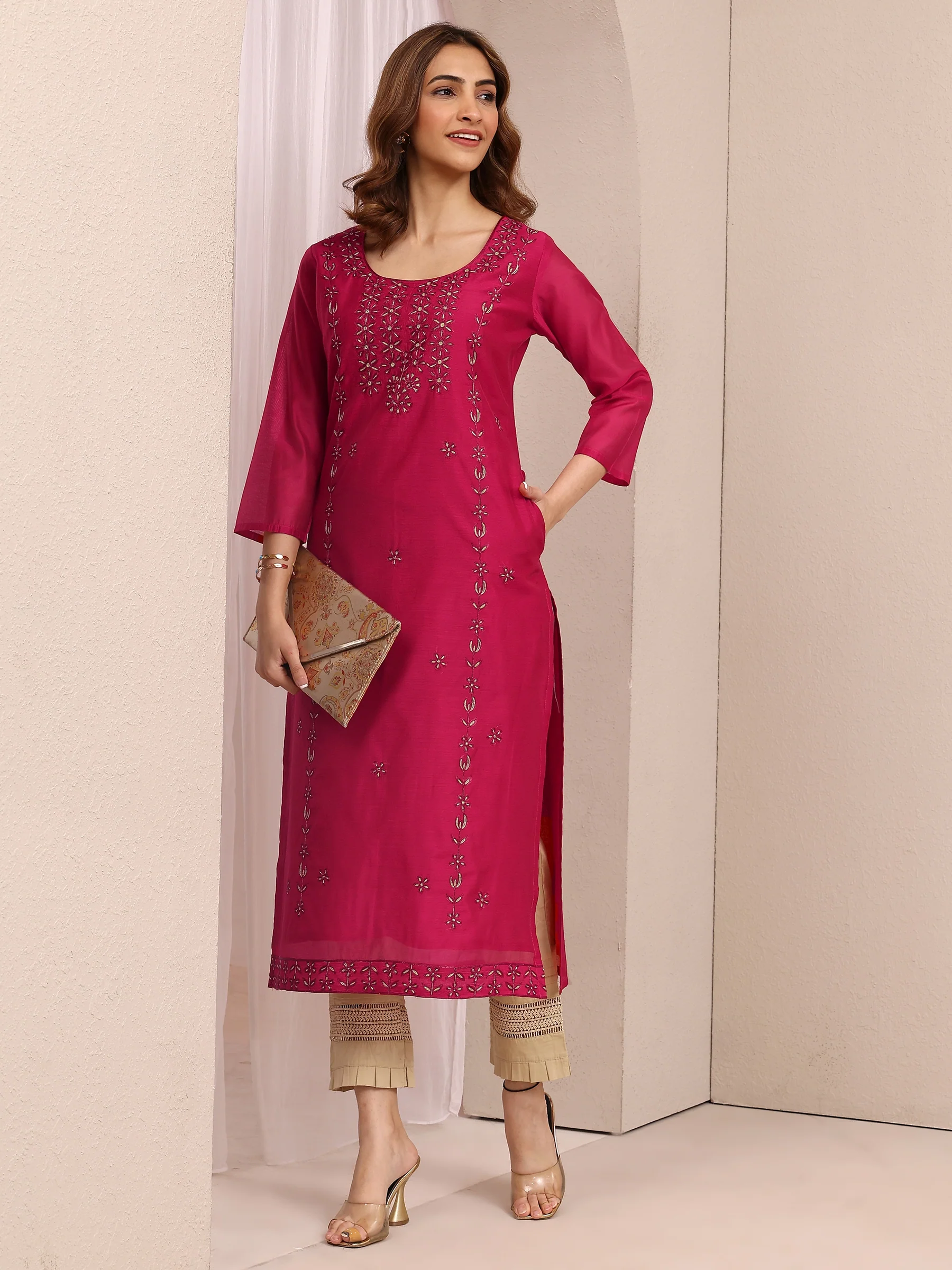 Pink Embroidered Chanderi Silk Straight Kurta - Image 6